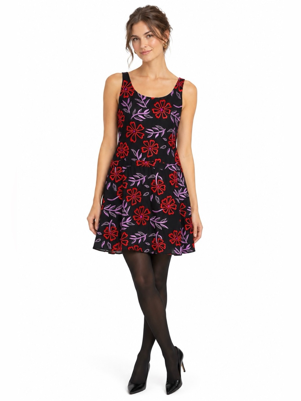 Tibi black silk floral sleeveless embroidered evening event shift dress size 8
